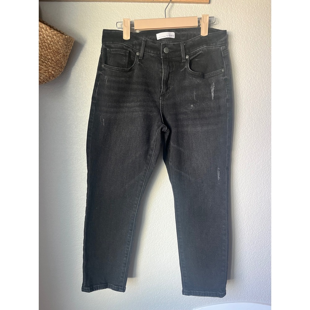 Loft‎ Super Soft Girlfriend Jeans Black Faded Distressed Denim Size 6 28 Cropped